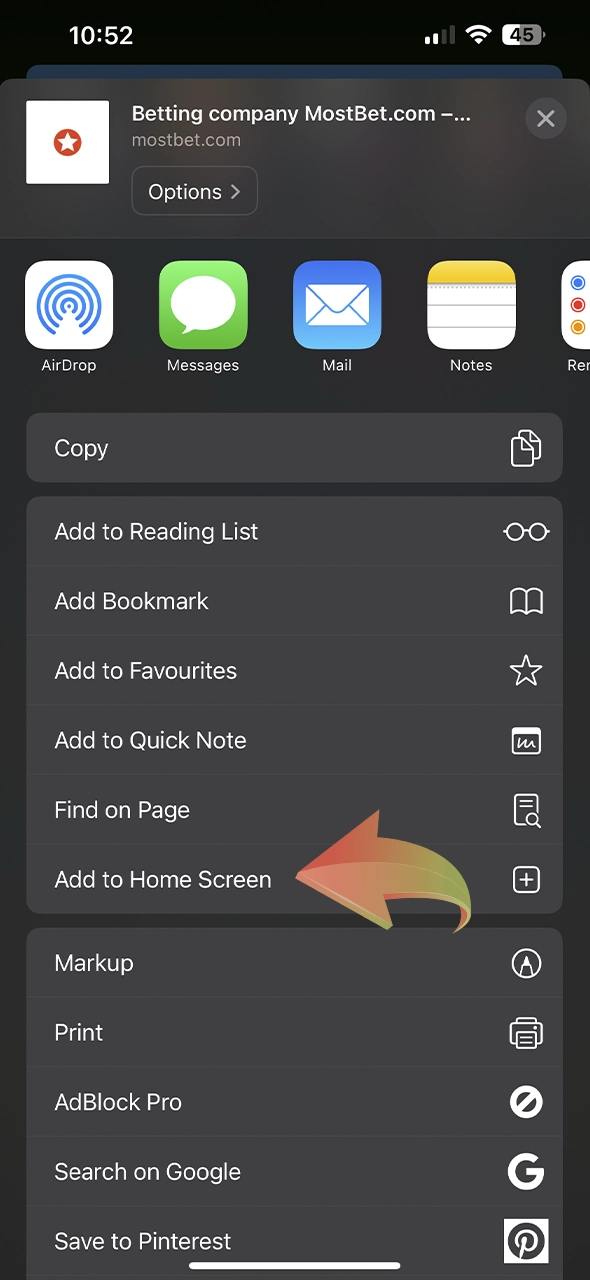 To continue Mostbet app downloading process, click on the Add to Home Screen.