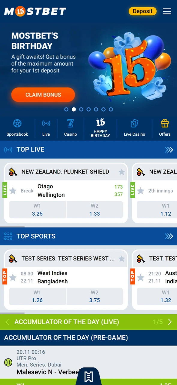 What the homepage looks like in the Mostbet mobile app.