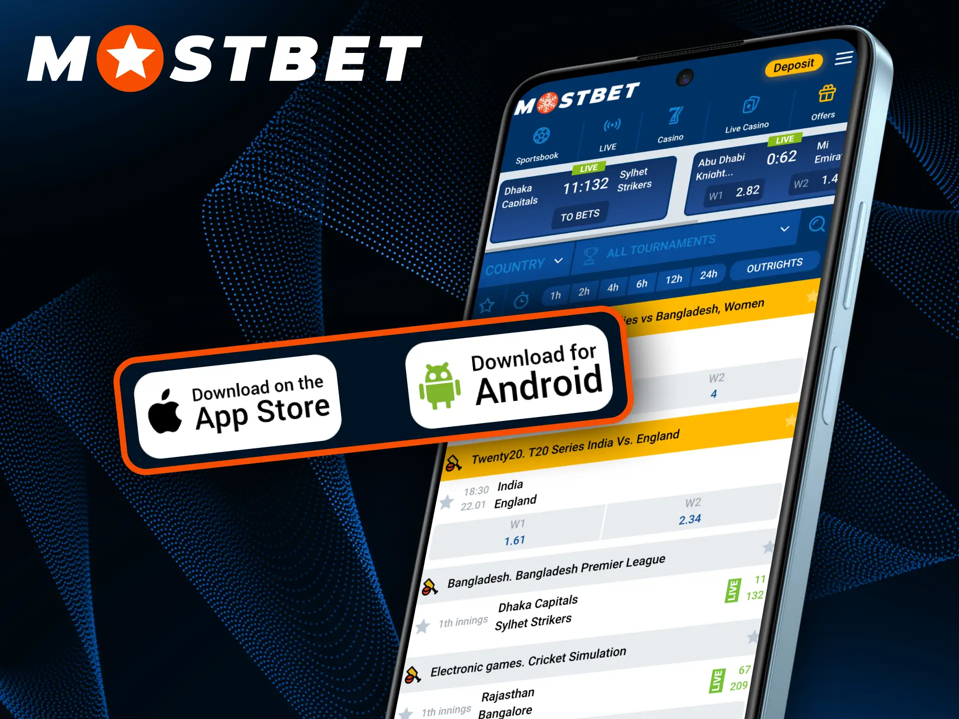 Bet on cricket with Mostbet mobile app.