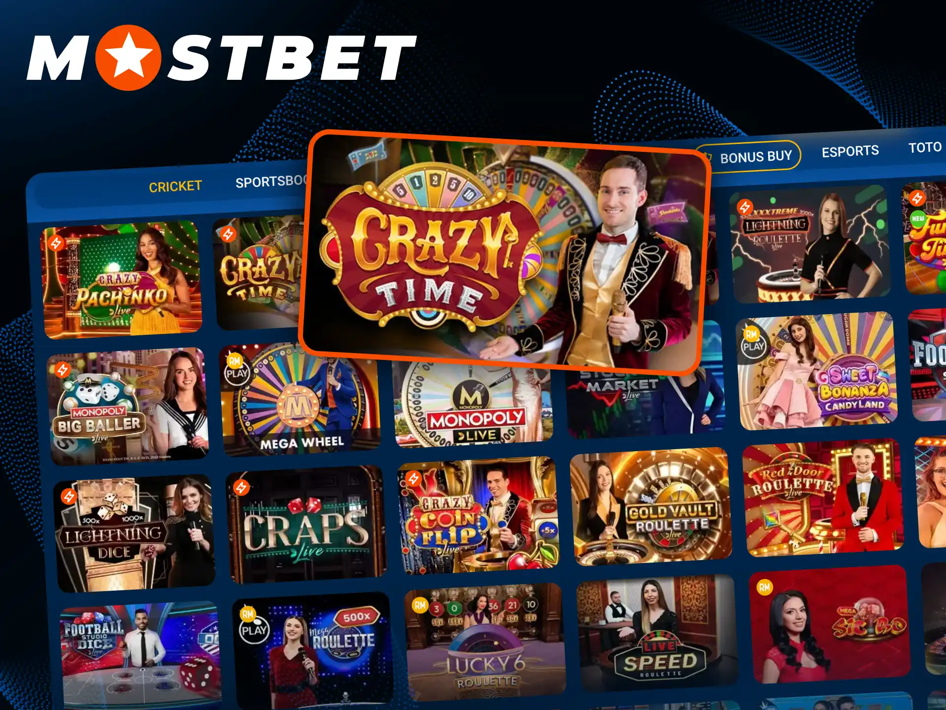 Spin the money wheel in Crazy Time at Mostbet live casino.