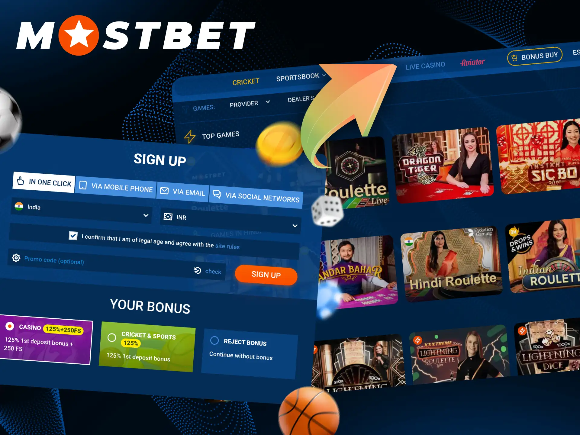 Follow a few steps to join Mostbet live casino.