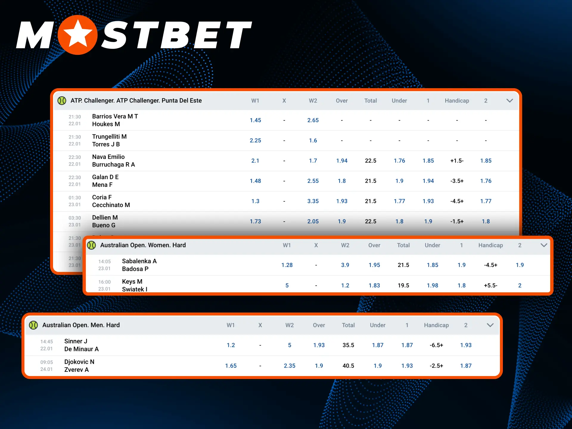 Start playing with Mostbet and enjoy a wide range of tennis tournaments.