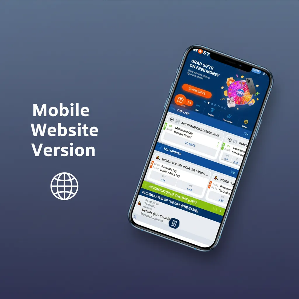 Smartphone displaying Mostbet mobile site with live odds, slots, betslip, promos and UPI payments; works on Android and iOS