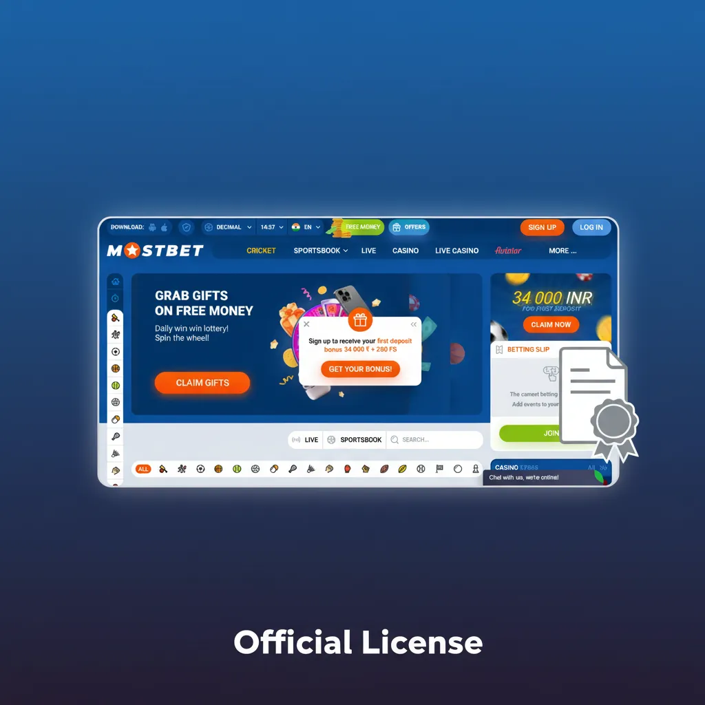 Certificate image showing Mostbet's Curaçao eGaming license, active since 2009 and verifiable on regulator portal.