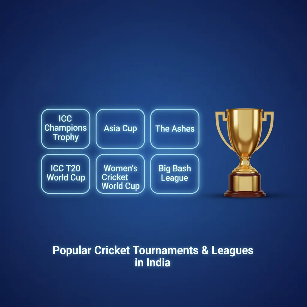 Graphic of cricket tournaments popular in India, with betting markets: IPL, ICC events, Ashes, WTC, PSL, BBL, CPL, WPL.